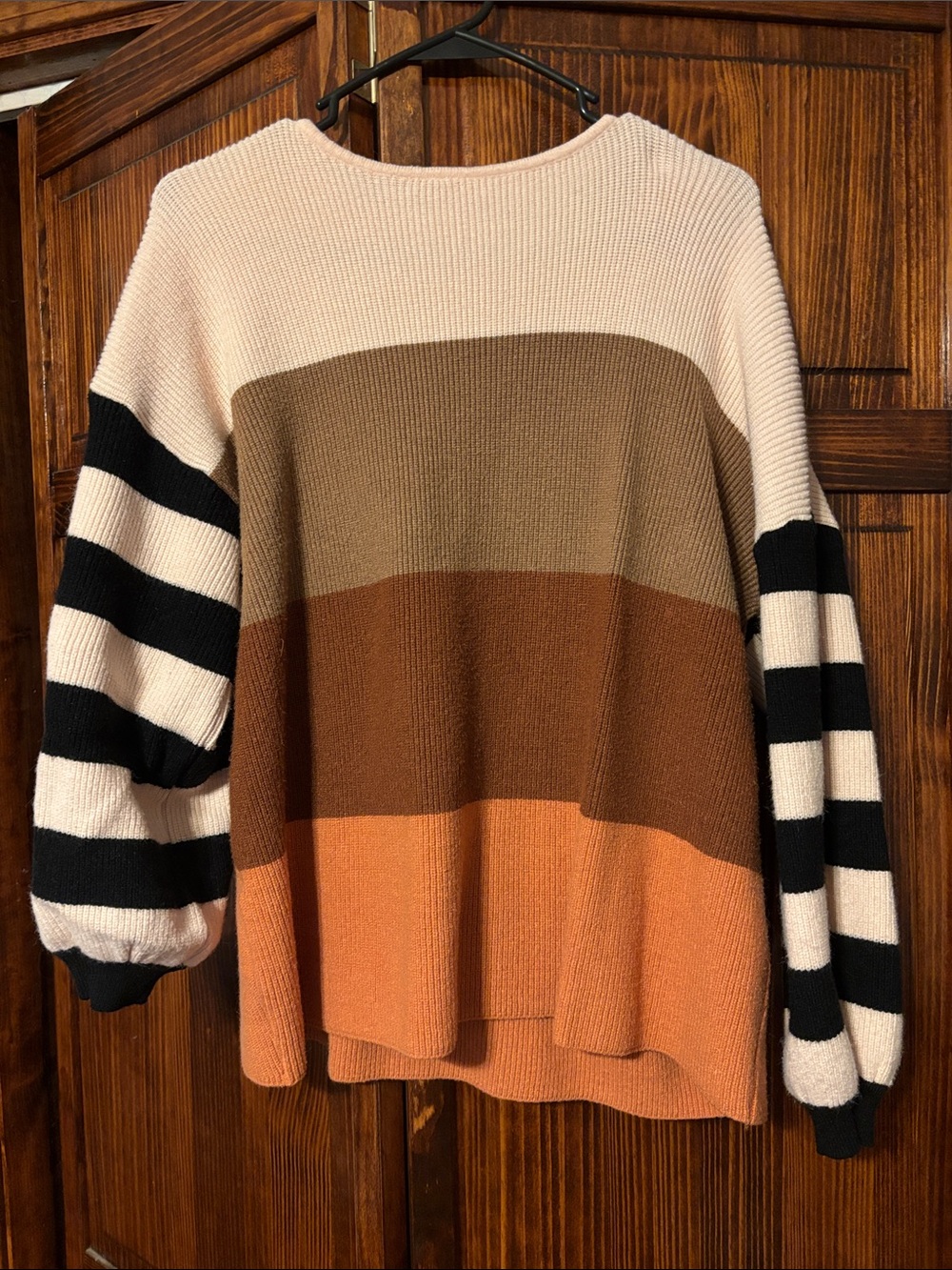 Striped Balloon-Sleeve Colorblock Sweater - Cream, Brown, Tan, Rust